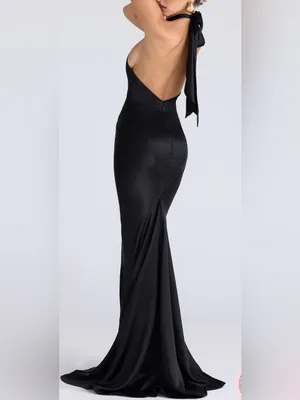 NEW House of CB Oliviana Halter cutout Black Satin Maxi gown sz XS thumbnail 4