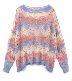 Entro Women’s Small Oversized Pastel Chevron Open Knit Sweater Pink Blue Cream thumbnail 1
