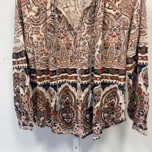 Lucky Brand Paisley Tassel Peasant Boho Jersey Blouse XL Cotton Linen Blend Rust thumbnail 4