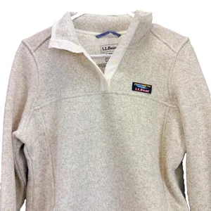 LL Bean Beige Sweater Fleece 1/4 Snap Pullover Pockets Size SMALL Tan thumbnail 4