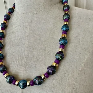 Blue purple and gold ribbon beaded necklace thumbnail 2