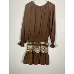 Shyanne Brown Western Embroidered Smocked Mini Dress Long Sleeve Tassels Size M thumbnail 6