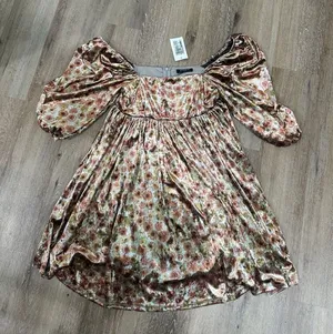 Storia Velvet Floral Puff Sleeve Dress in Rust and Olive - off shoulder thumbnail 1