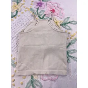 LASLULU Ribbed Halter Crop Tank Top‎ Cream Beige Seamless Workout Athleisure S thumbnail 3