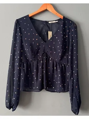 NWT Women’s L Francesca’s Miami Navy Blue Star Print Blouse Sheer Sleeve Top Y2K thumbnail 1