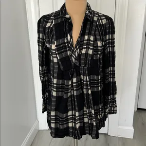 Free People Baby Blue Black Cream Plaid Button Up Tunic thumbnail 3