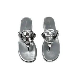 Tory Burch Miller Silver Metallic Leather Platform Wedge Sandals Logo Thong 7 thumbnail 3