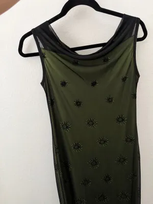 Sleeveless Olive Green Maxi Dress with Black Embroidered Overlay thumbnail 3
