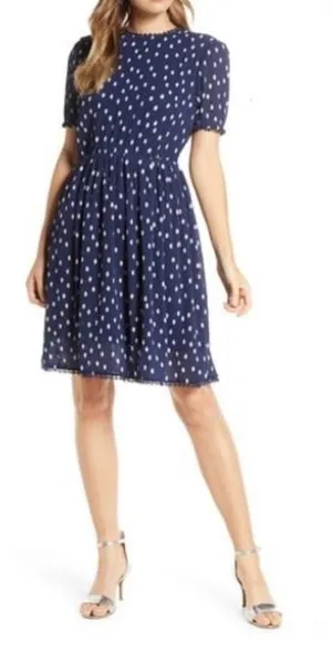 NWT 1901 Polka Dot Chiffon Navy Blue Dress S SP thumbnail 1