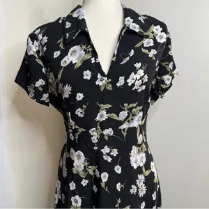 Vintage 90s B Moss Dark Floral Maxi Dress Women’s 13/14 Short Sleeve Collar thumbnail 3