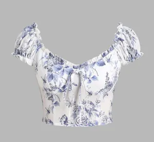 Cider floral puff sleeve shirred crop top thumbnail 1