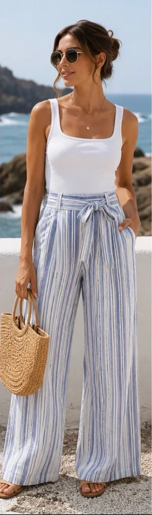 NWT GAP Linen Blend Blue White Stripe Wide Leg Tie Waist Pants Size 6 thumbnail 1