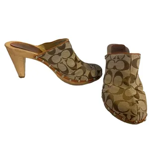 Vintage Coach Brown Cloth Signature Print Clog Heel Mules "Felicity" (8) thumbnail 7