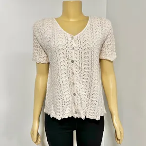 Y2K Retro Vintage 90s Pink Pointelle Knit crochet Cardigan Short Sleeve M stain thumbnail 11