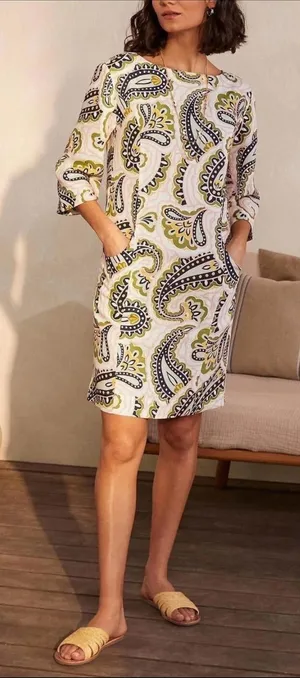 Boden Laurie Linen Paisley Print Coastal Boatneck Dress White Green Pink 8P thumbnail 1