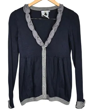 Esther's Archive‎ Navy Blue Cotton Cashmere Ruffle Bow Cardigan Sweater Small thumbnail 1