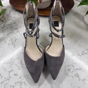 White House Black Market Grey Suede Strappy Pointed Toe Stiletto Heels Pumps thumbnail 2