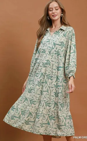 Umgee Linen Botanical Print Tiered Midi Dress - Palm Green - Small thumbnail 1
