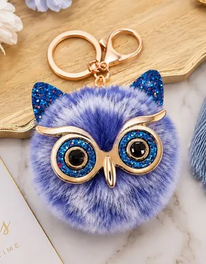 NEW Fluffy Owl Pom Keychain Bag Charm – Frosted Blue, White & Gold | NWT thumbnail 1