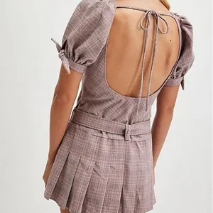 NWOT Free People Sevi Plaid Belted Puff Sleeve Drop Waist Mini Dress Size M thumbnail 2
