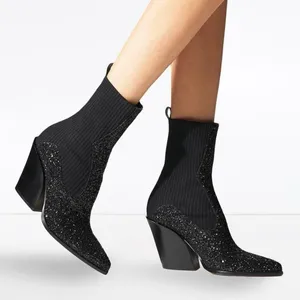 Jimmy Choo Mele Glitter 85 Chelsea Stretch Knit Block Heel Ankle Boots Black 36 thumbnail 1