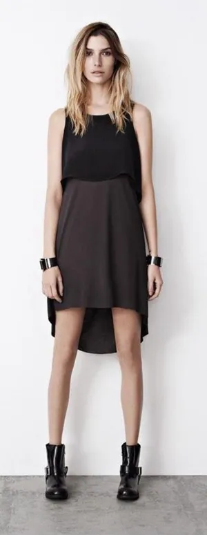 AllSaints Eubik High Low Overlay Shift Dress Size 10 Black Charcoal thumbnail 1