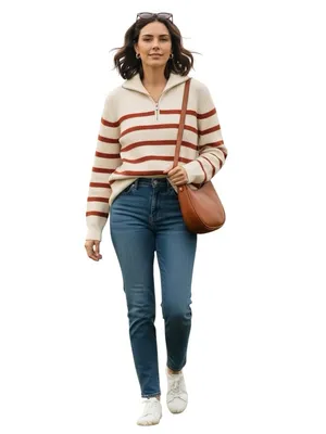 Monoprix Femme Ivory Rust Stripe Ribbed Half Zip Sweater XS French Knit Top Chic thumbnail 3