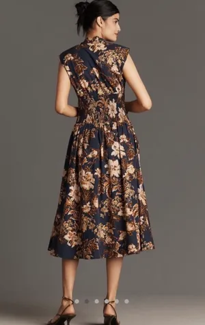 Anthropologie NWT The Tommie Cap-Sleeve Smocked Midi Shirt Dress in Navy Floral thumbnail 2