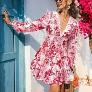 Floral V-Neck Pink & White coquette girl Long Sleeve Dress thumbnail 2