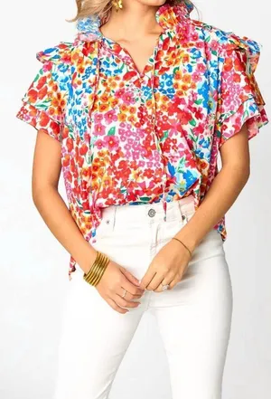 New Buddylove | Shauna Ruffle Shoulder Top In Berry Blue Small thumbnail 1