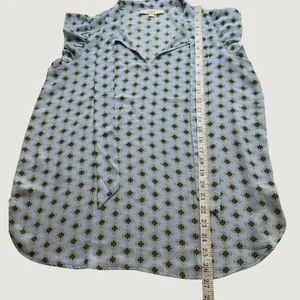 LOFT Womens Blue Geometric Medallion Ruffle Cap Sleeve Tie V-Neck Blouse Size M thumbnail 5
