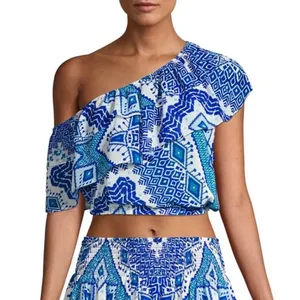 NWT RAMY Brook Milo Blue Printed Off The Shoulder Cropped Top Large Ruffle thumbnail 3