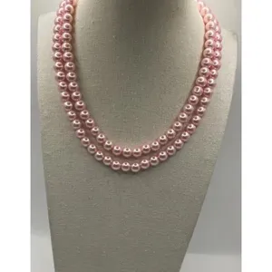 Vintage Pink Tone Double Strand Pink Faux Pearl Lightweight 33” Necklace thumbnail 2