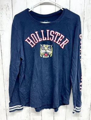 Y2K‎ Hollister Top Women Large Graphic Tee Navy Printed Long Sleeve Stripe Cuff thumbnail 1
