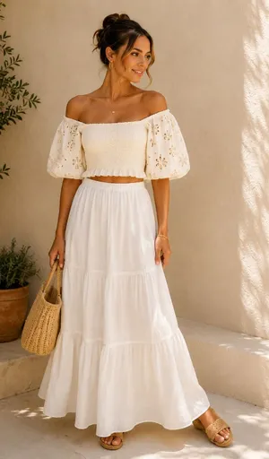 Surf Gypsy Cream Eyelet Puff Sleeve Crop Top Smocked Blouse Small Boho thumbnail 1