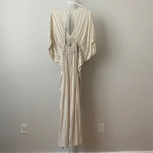 Indah Rayon Boho Beachy Coastal Flowy Striped Smocked Maxi Dress S/M Tan White thumbnail 4