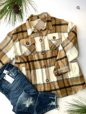 Oversized Plaid Shacket Tan Size L thumbnail 1