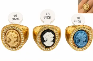 Set 3 Gold Cameo Cocktail Ring Crystal Halo Blue, Black, Cream chunky statement thumbnail 1