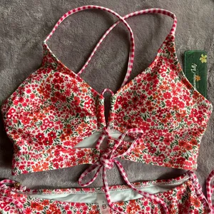 Blooming Jelly Red Floral Lace Up Bikini Set Gingham Straps New Small thumbnail 5