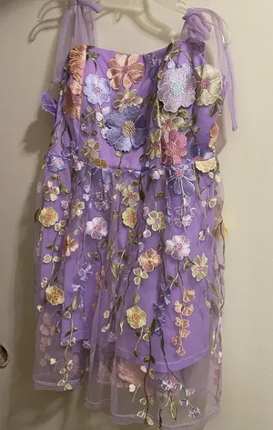 Womens L Large 42” Lavender Purple Mini Dress Embroidered Flowers Allover Fairy thumbnail 1