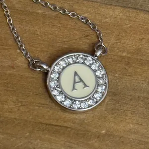 Silver tone white gold bond round disc initial letter A pendant necklace thumbnail 4