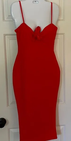 NWT boohoo red front tie knot bodycon scuba midi dress spaghetti straps thumbnail 1