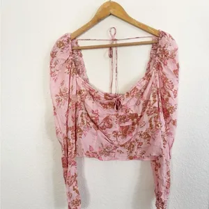 Free People Floral Crop Top M Pink Combo Smocked Puff Sleeve OB1569574 thumbnail 5