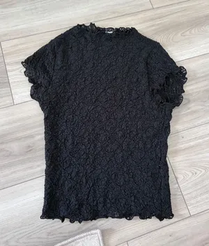 SheIn Womens Black Floral Lace Mesh Top Mock Neck Short Sleeve Lettuce Edge Small thumbnail 1