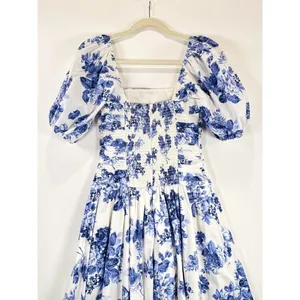 Abercrombie Fitch Midi Dress Blue Emerson Poplin Floral Puffed Pleated Boho XS thumbnail 10