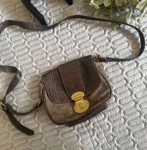 Vintage Chaps Brown and Tan Crossbody Saddle Bag with Gold-Tone Lock thumbnail 1