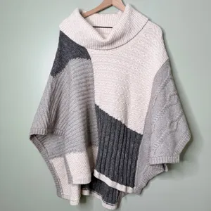 White House Black Market Wool Cowl Neck Patchwork Poncho Sweater Grey Medium thumbnail 8