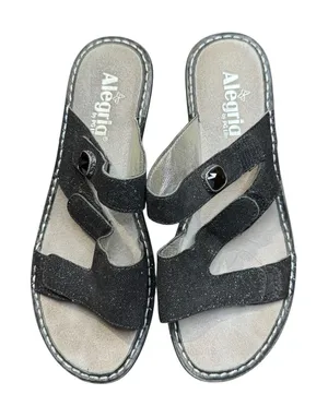 Alegria Shoes Womens Size 9 Black Glitter‎ Slide Sandals Wedge Comfort Strap 39 thumbnail 1
