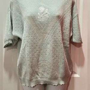 Isle of Cotton Knit Sweater Womens XL Mint Green Floral Embroidered Short Sleeve thumbnail 15