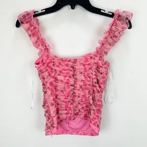 Lulus Flirtatious Sweetness Hot Pink Floral Ruched Ruffled Tank Top Small NWT thumbnail 9